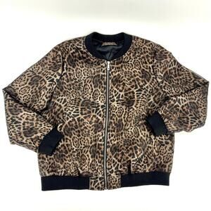 QED London Black Tan Gauze Leopard Zip Bomber Jacket Womens US 10
